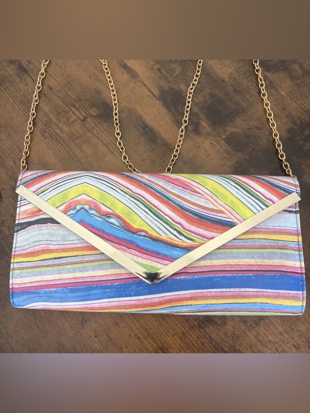 ALDO Colorful Striped Envelope Clutch Bag V-Bar Gold Trim - Boho Crossbody Chain